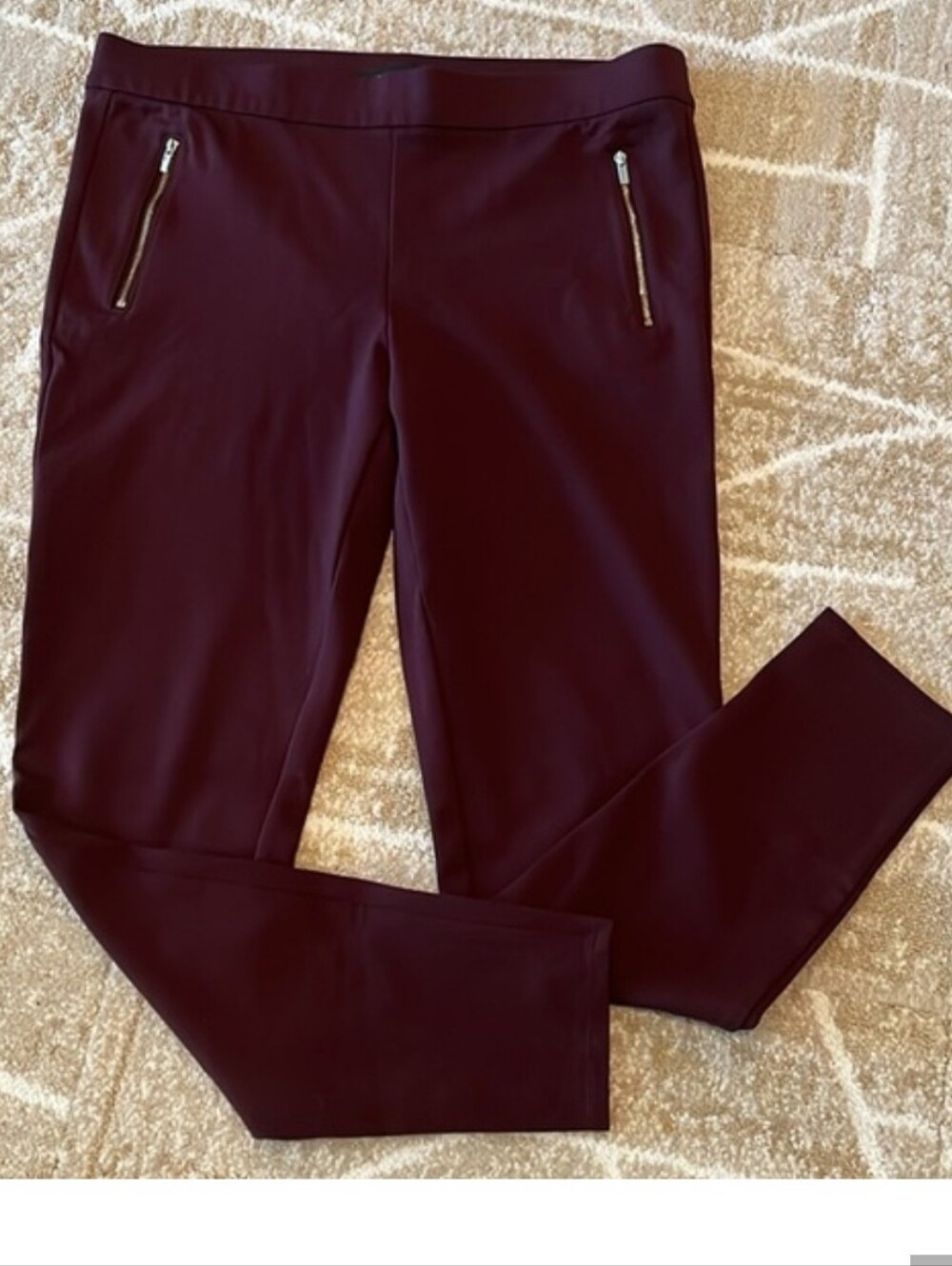 Ann Taylor Oxblood Stretch Knit Elastic Waist Pants Zipper Pockets Size L Tall